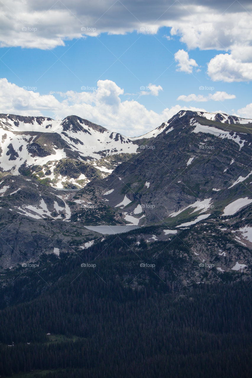 This is a photo of the Colorado Rocky Mountains taken at RMNP. 
It features natural lakes nested between peaks formed by glaciers. 