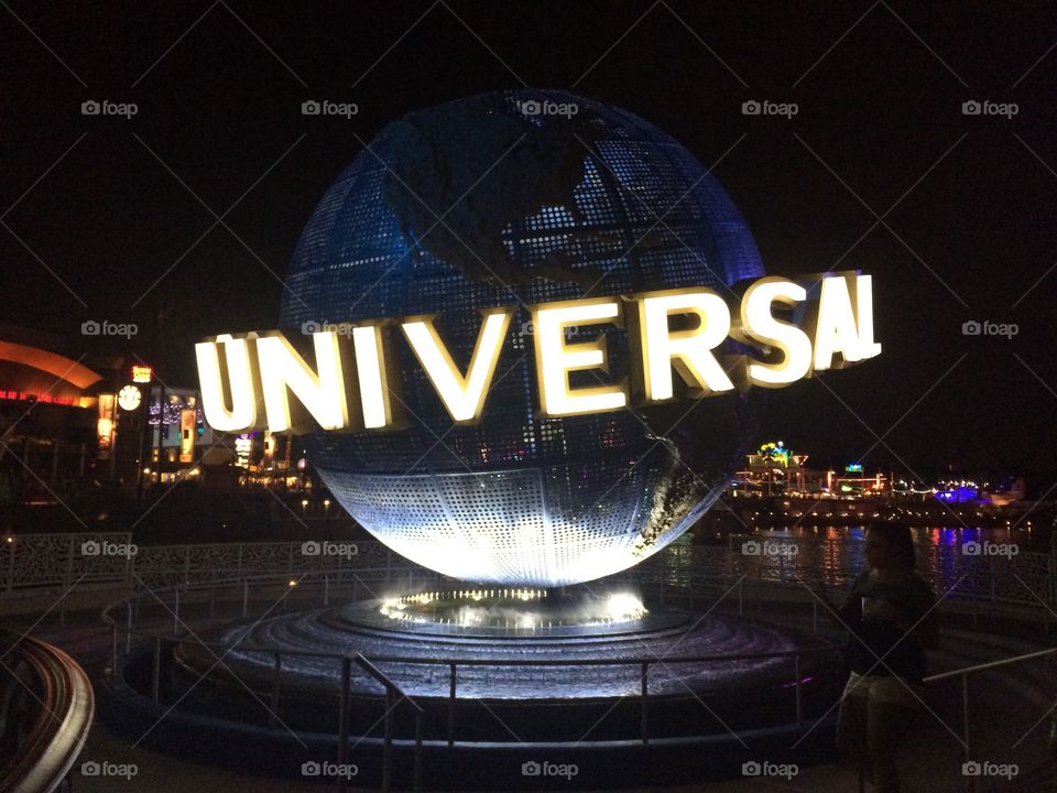 Universal Studios. Night time picture of their logo. What a fun time. 