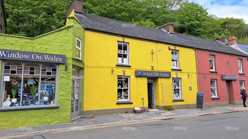 brightly painted shops