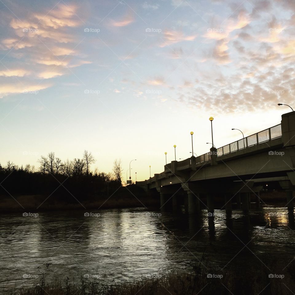 Water, Bridge, River, Sunset, No Person