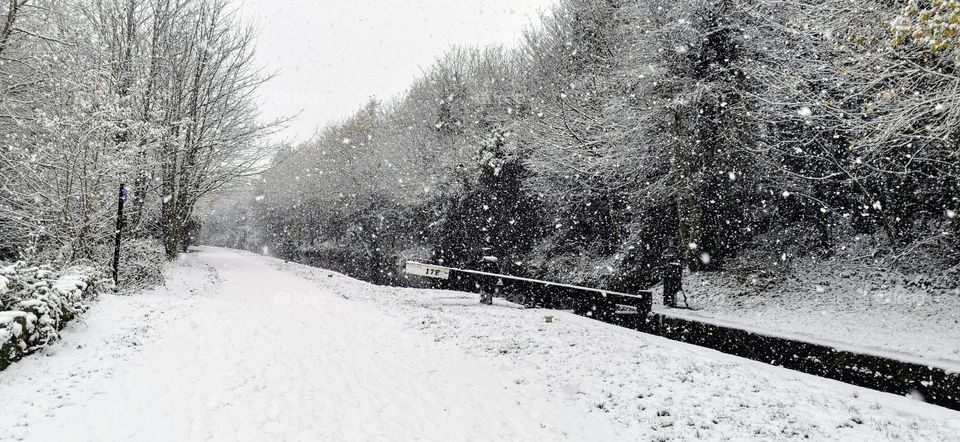 First snow of the season on the Huddersfield Narrow canal in West Yorkshire