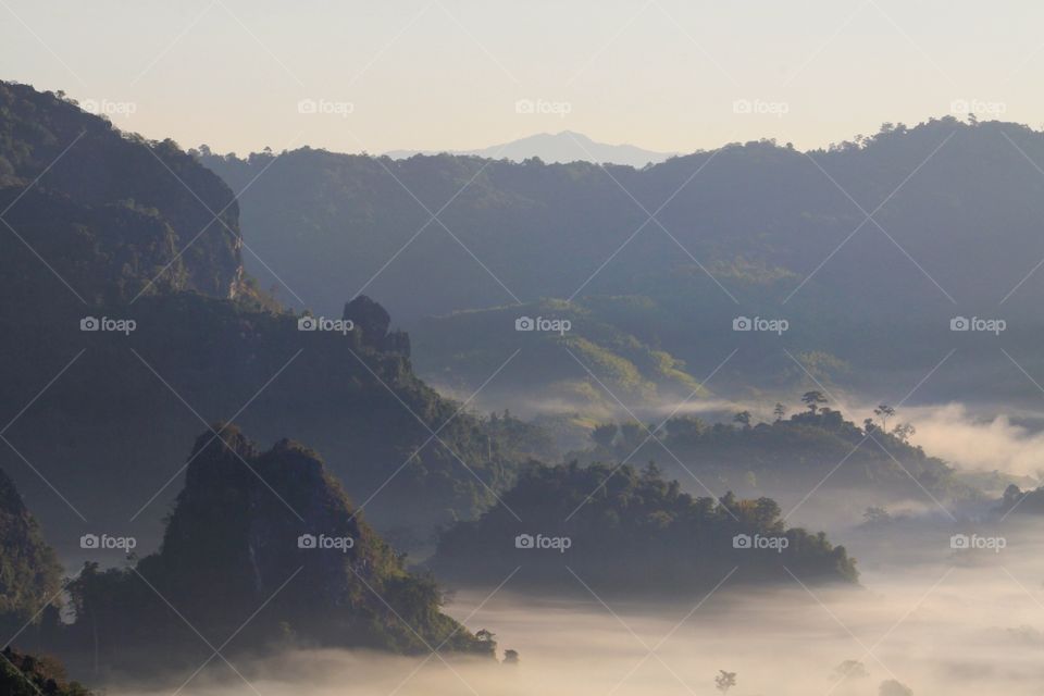Scenic view of foggy mountain
