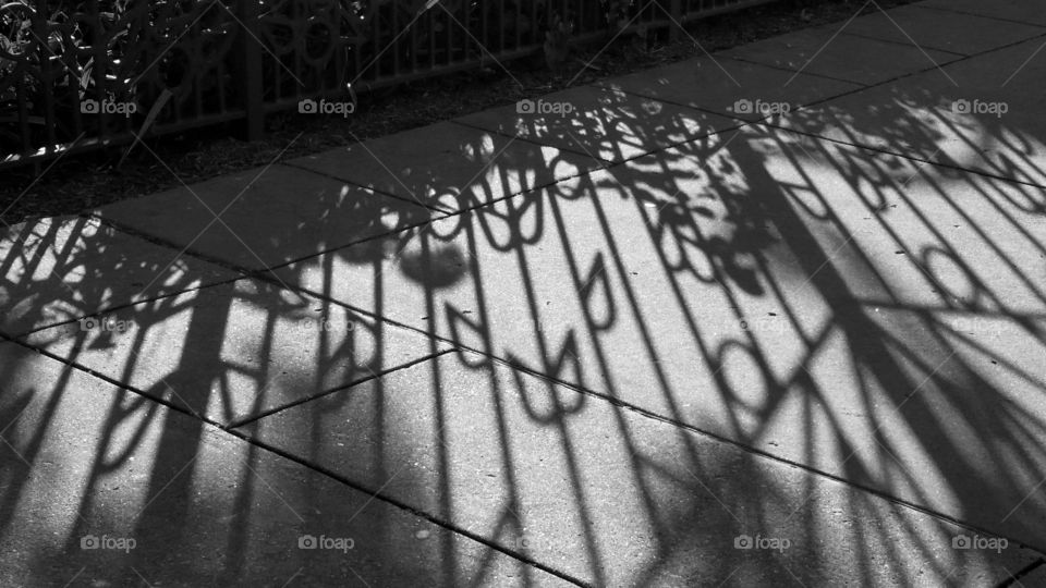 fence shadow on sidewalk