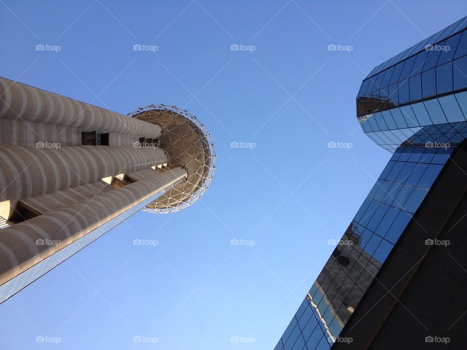 Reunion Tower and Hyatt Regency from ground level