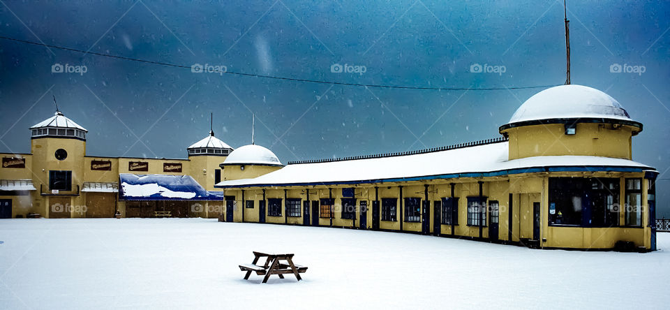 Hastings pier (pre 2010 fire) in the snow, UK 