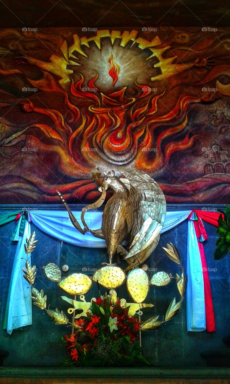 Eagle devouring a snake,Eagle,snake,nopal,México,colorful,culture,mural,painting,history