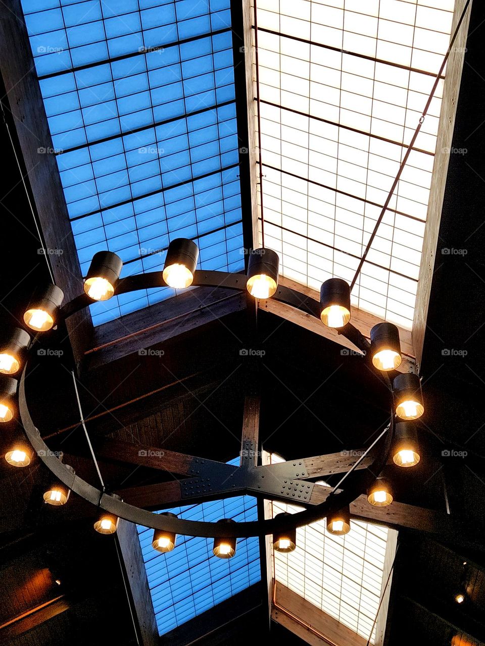 Impressive lighting and sky light windows in a rustic Oregon sporting goods store