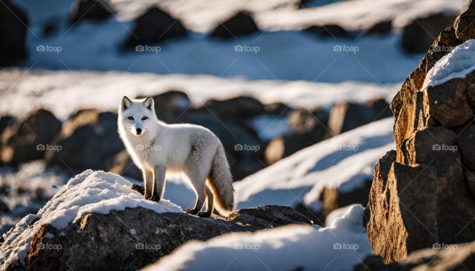 An arctic snow fox near some rocks