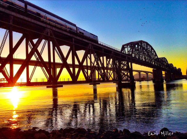 Trains, birds, sunrise, bridge, Benicia
