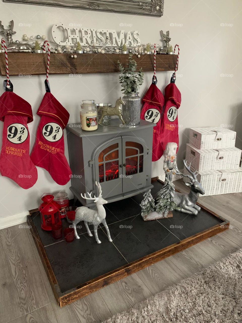 Christmas decorations over the fireplace 