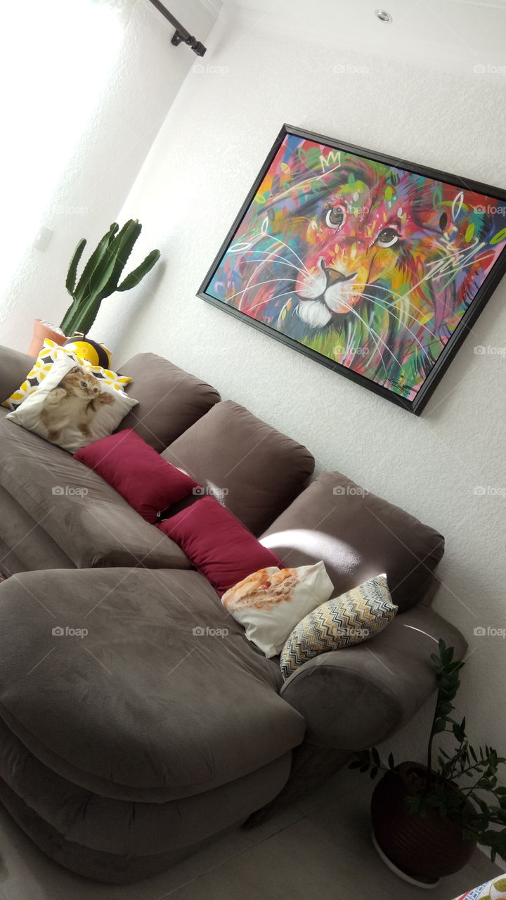 Sala de estar, composição de cacto com quandro de leão estilizado