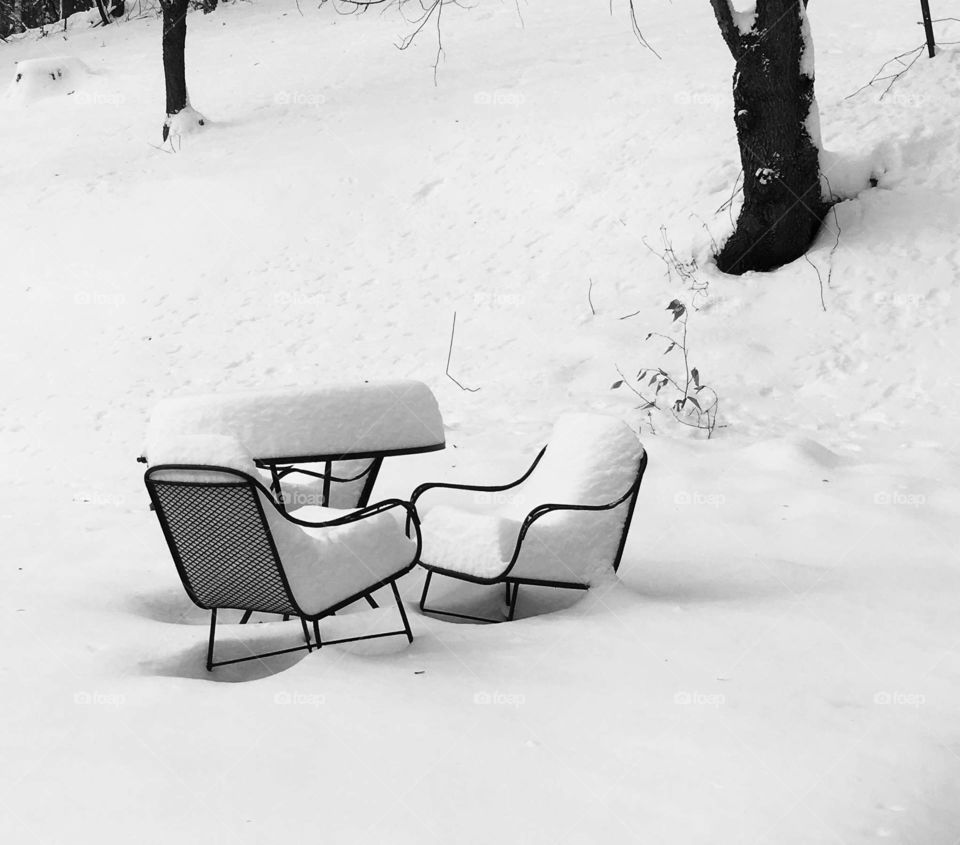The morning after the snowstorm. Snowy table for 2. 