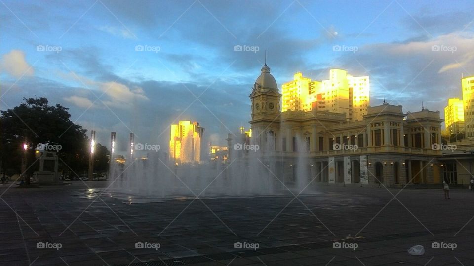 Downtown illuminated with sunset