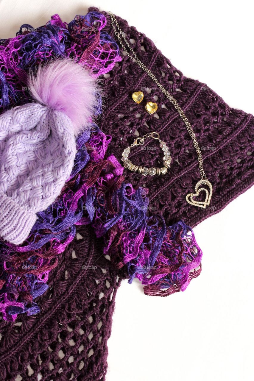 Purple woolen fashion flatlay