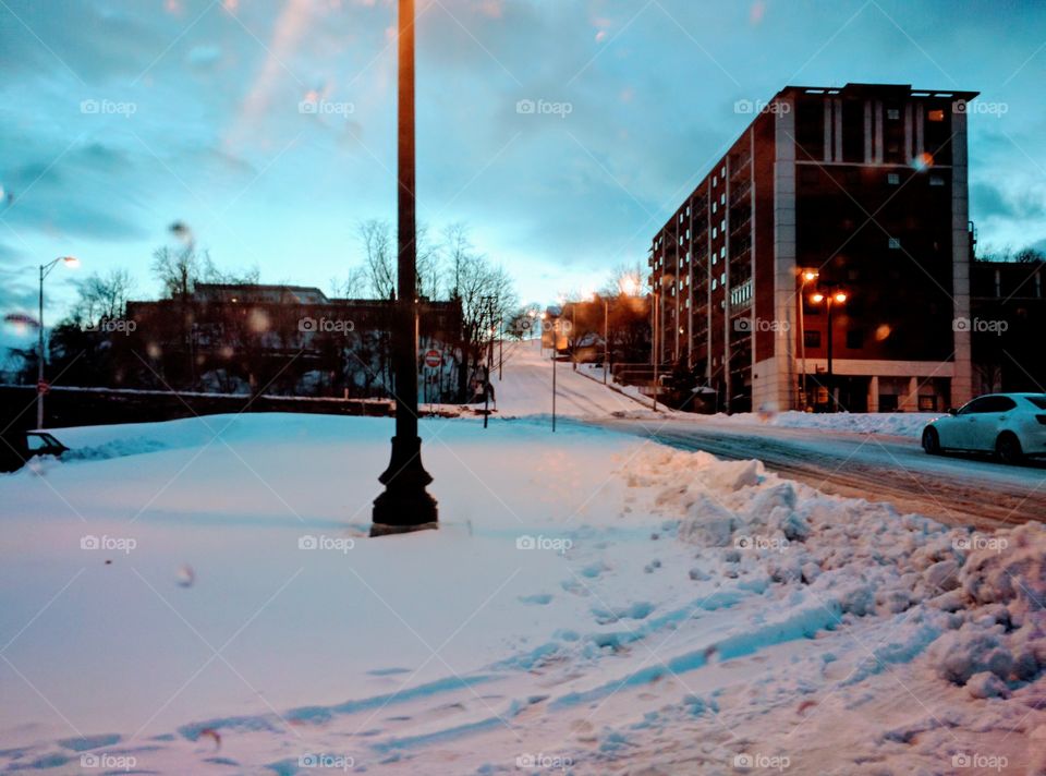 winter snow street building
