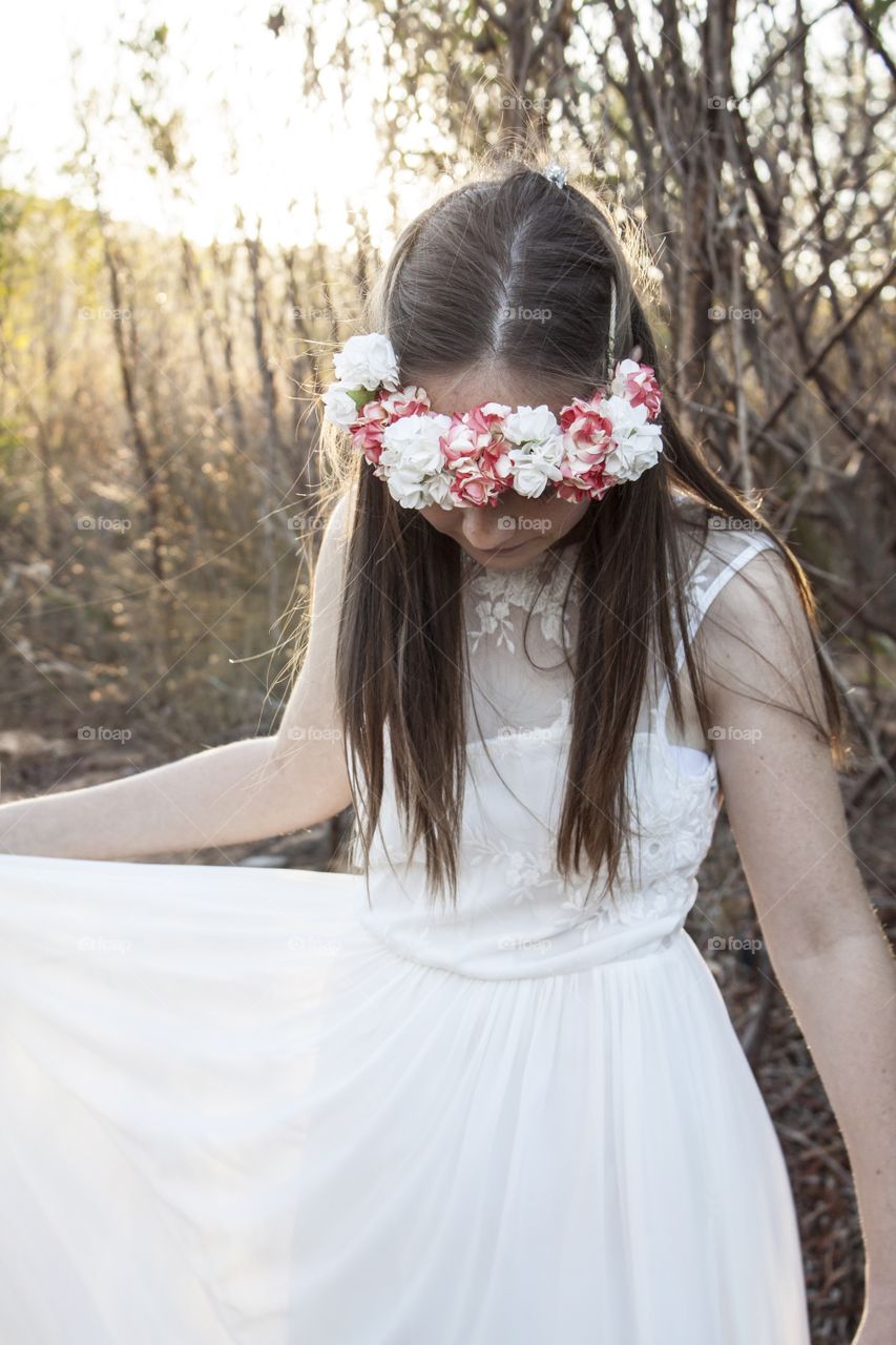 White dress and flower crowns