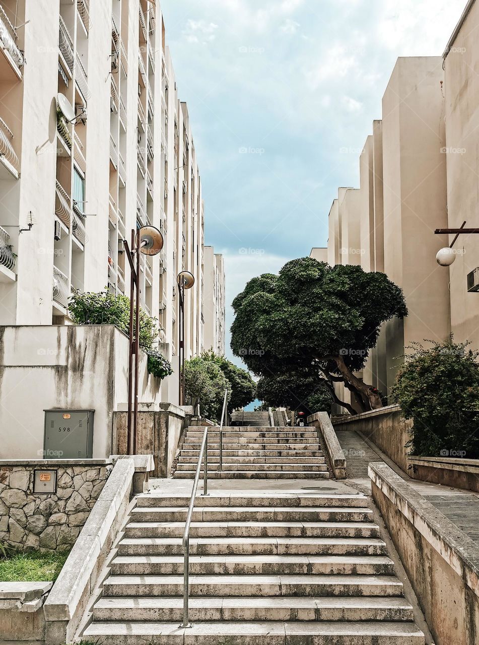 Concrete stairs surrounded by concrete residential blocks in Split, Croatia
