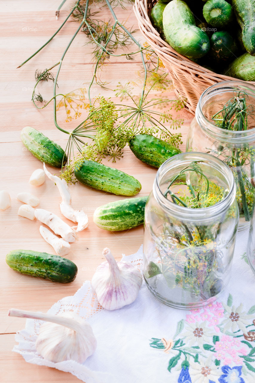 Pickling cucumbers. Pickling cucumbers made with home garden vegetables and herbs