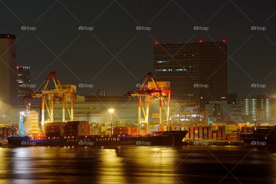 Loading Cargo at Tokyo Bay at night