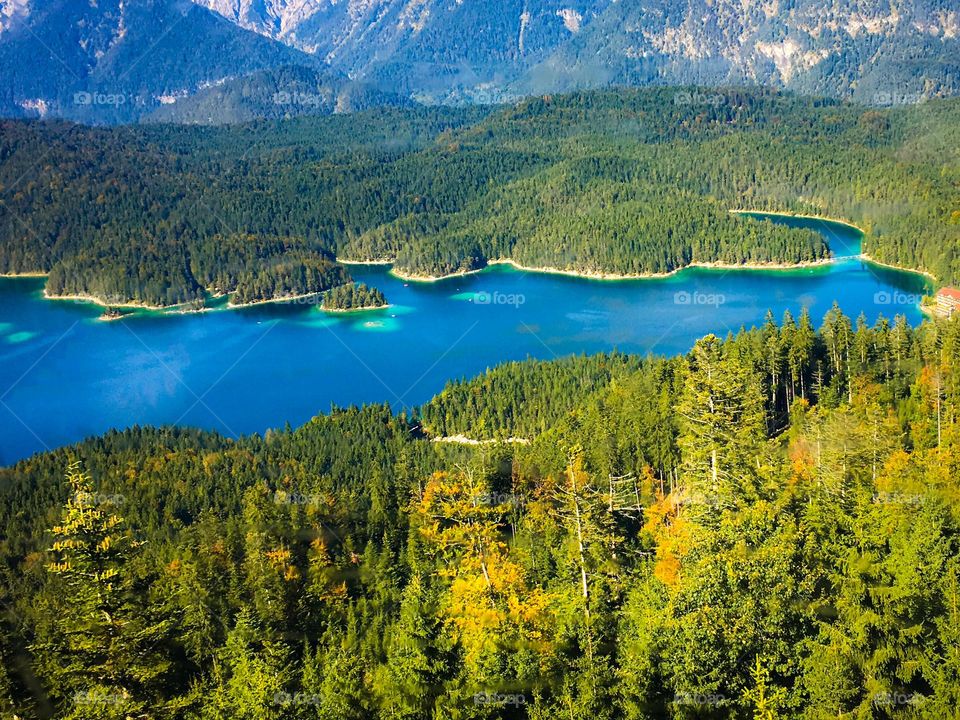 Lake Eibsee. Located at the foot of the Zugspitze and surrounded by mountains and forests, offering stunning views of the Bavarian Alps.