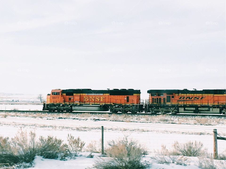 orange train in the snow