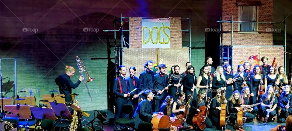 These are members of the orchestra and actors who are performing “West Side Story”, one of the best known American musicals at the music academy in “Regensburg”, Germany. 2024. Hypnotic Productions