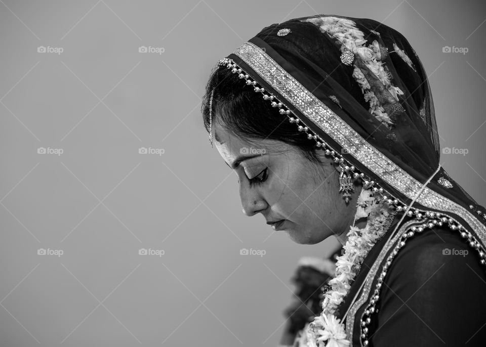 Indian Bride in her wedding attire in Black and white portrait 