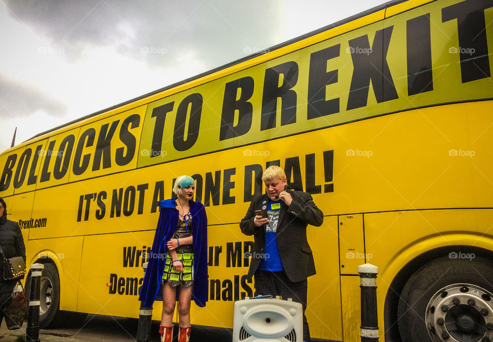 The bright yellow, infamous Bollocks to Brexit bus making a stop in Hastings U.K. - 2019