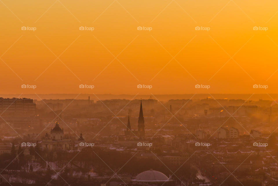 Lviv cityscape during the sunset