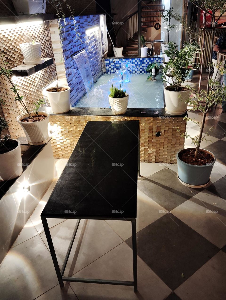 a fountain surrounding with pots of different species of plants, evening time green plant shurb, water ina tank looks very beautiful