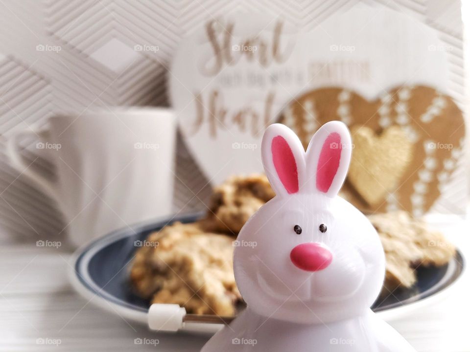 The Year of the Rabbit. A symbolic representation with a wind up Rabbit. We often wind up and run non stop, but in the year of the Rabbit it is time to slow down, reflect, have hope and peace. Maybe stop to enjoy some cookies and tea.