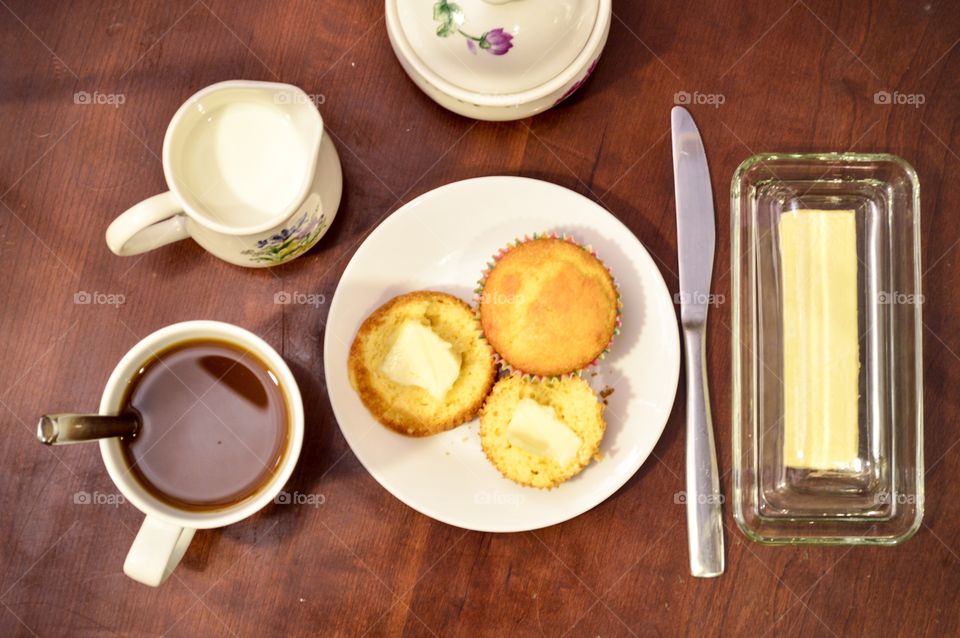 Homemade cornbread muffins and coffee