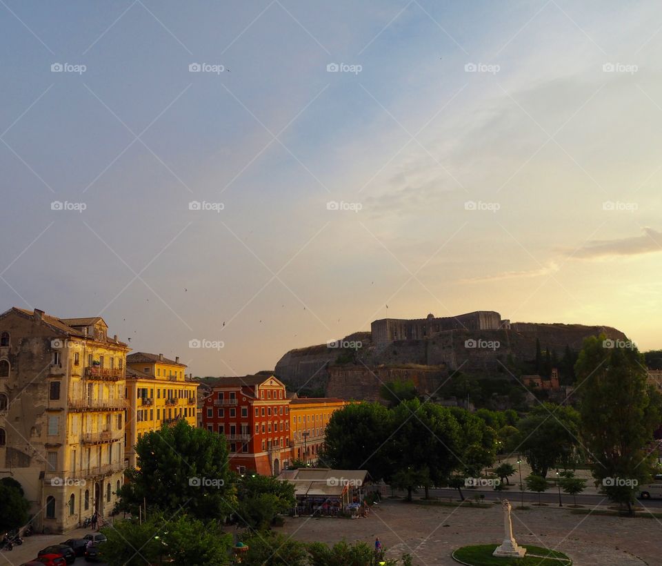 Sunset over Corfu Town and New Fortress, Greece