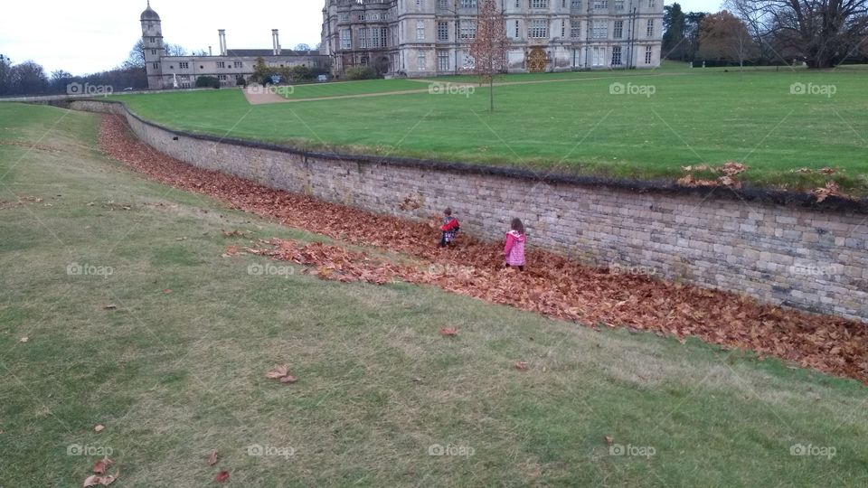 kids knee deep in leaves outside s stately home