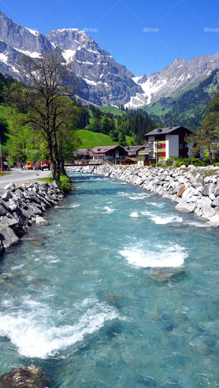 View of mountain and river in Switzerland