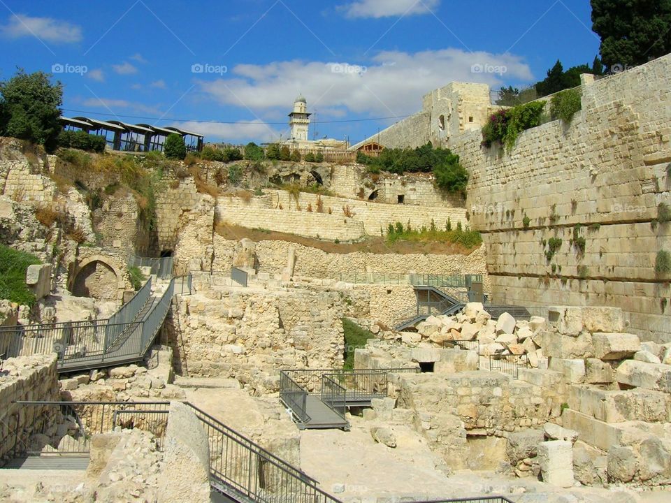 Archaeological dig in Jerusalem, Israel, near the city of David.  Street level at the time of King Solomon set against the backdrop of modern day Jerusalem