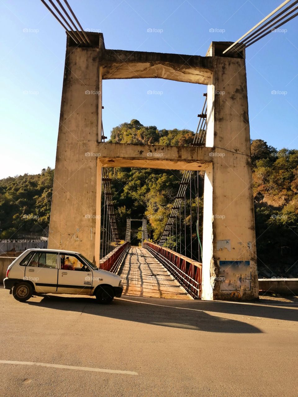 View of Hanging Bridge and sky blue and green natural background at state  Himachal Pradesh in India.