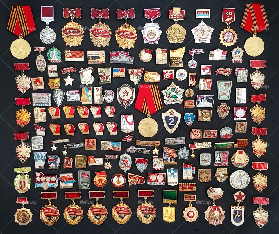 Collection of Soviet USST medals and pin badges