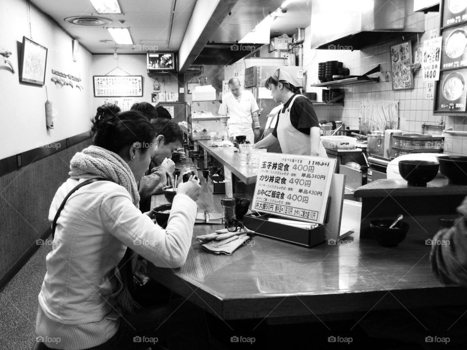 Eating hot noodles in Japan