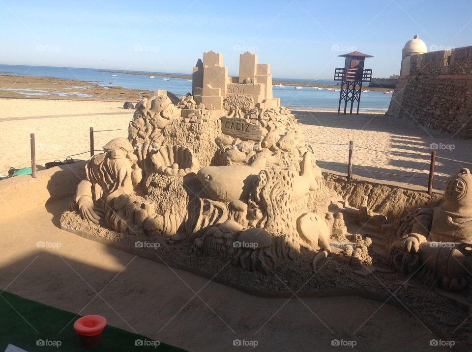 Sand sculptures on the playa valets in Cadiz. Sand sculptures in Cadiz Spain 