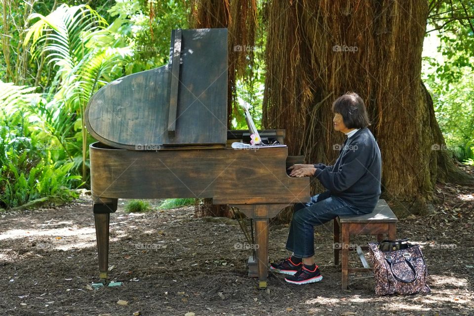 Old Woman Playing Piano Outdoors