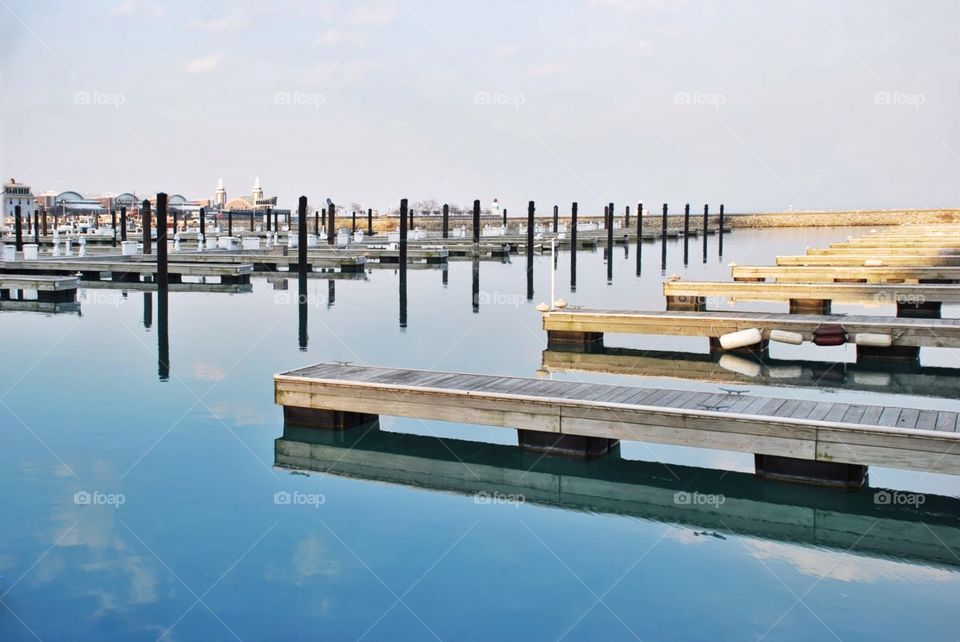 Harbor on Lake Michigan. Mirror like surface of the peer on Lake Michigan in Chicago 