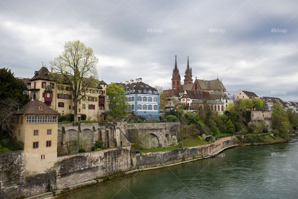 The Old Town of Basel with red stone Munster cathedral and Rhine river, Switzerland