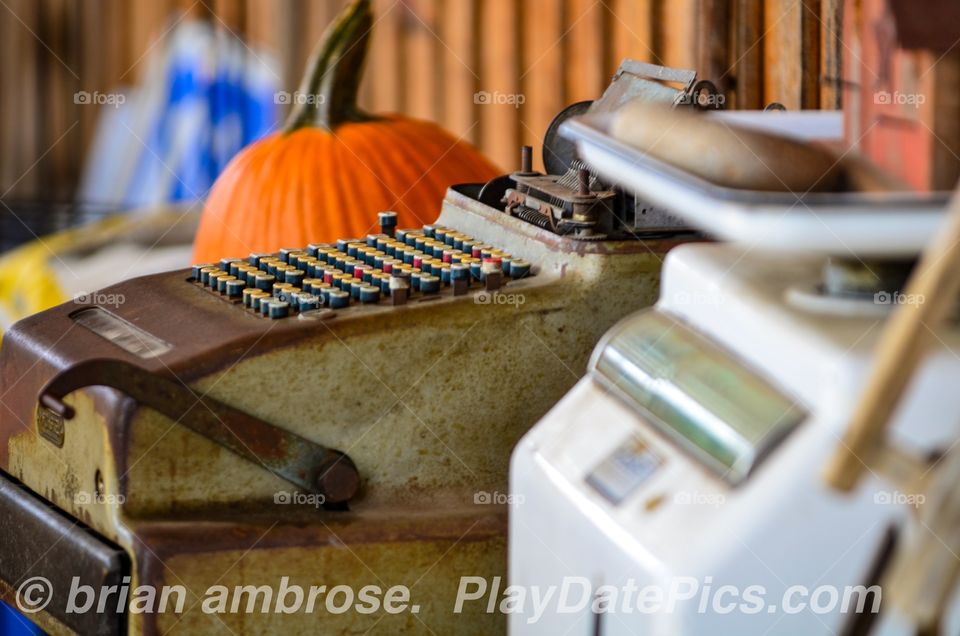 old cash register country store outdoor market pumpkin scale cash register wood barn metal sign