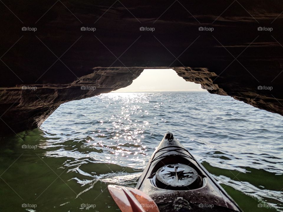 Exiting the cave into wide-open Lake Superior just in time to see the sunset