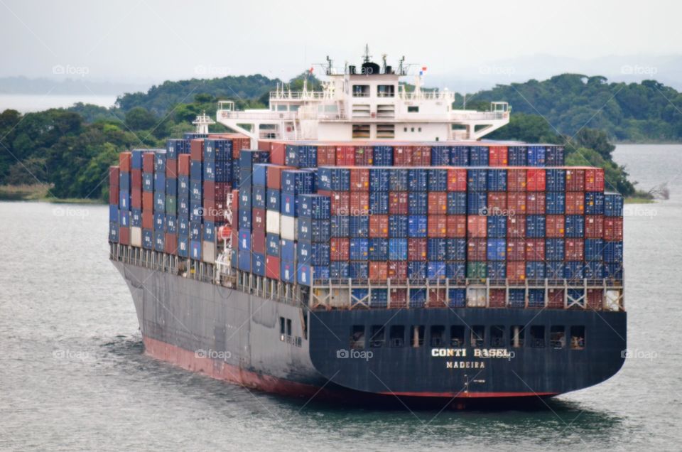 Container vessel anchored on the Gatun Lake, Panama Canal