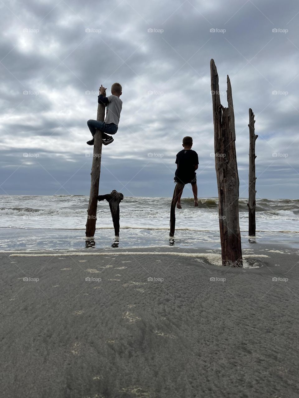 Children on driftwood in the sand