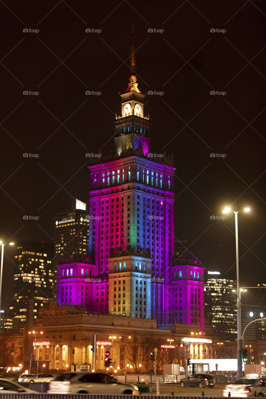 My neighborhood is the center of Warsaw, a Poland city. Traditionally, on the first day of spring, until recently, the tallest building of the city, a relic of the past of the PRL, was dressed in a rainbow of colors, the most visible sign of spring.