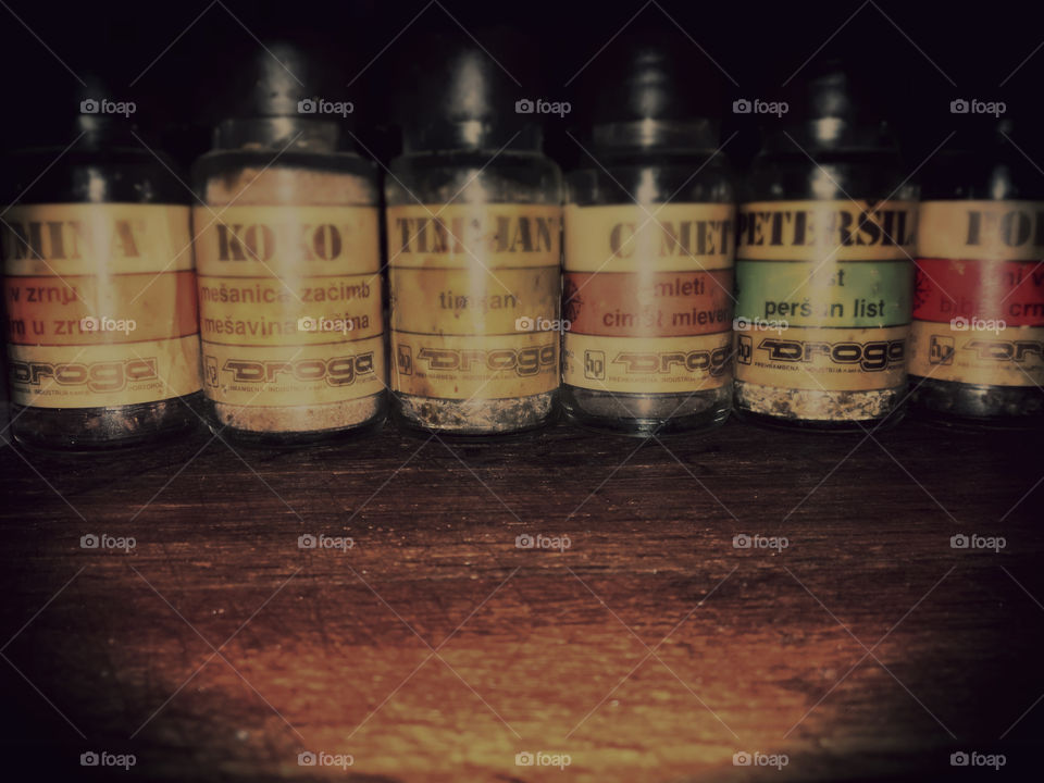 delicious spices in small bottles