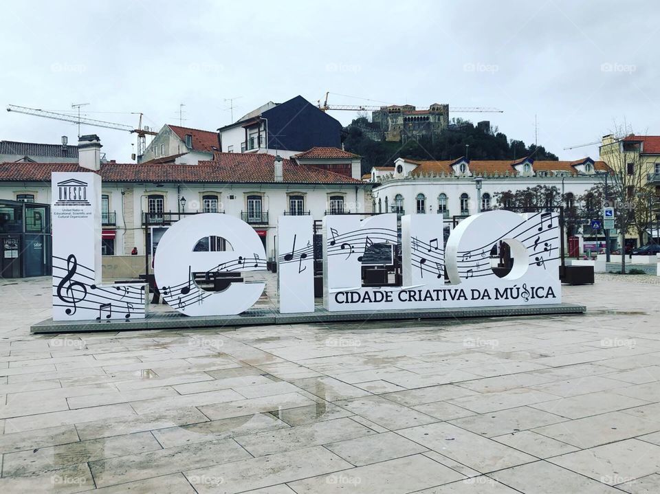 A large sign of cut out letters - “Leiria creative city of music” Portugal 2019